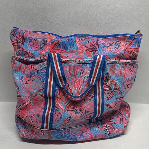 Lilly Pulitzer Mercato Tote Bag Shoulder Strapas Floral Ruby Red Wild Times Blue - Picture 3 of 10